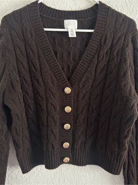 H&M Dark Brown Cable Knit Cardigan with Gold Buttons